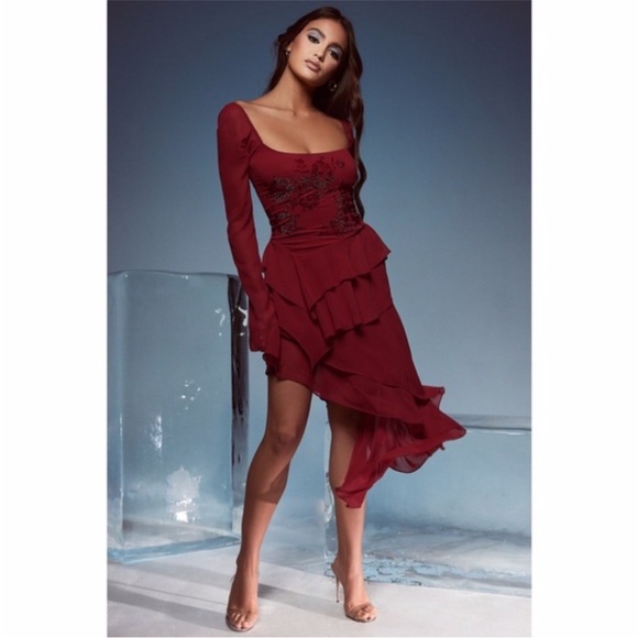 NEW House of CB Mistress Rocks Ruby Crystallised Hanky Hem Dress Medium - Picture 11 of 17